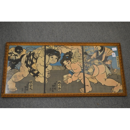 485 - Japanese wood block print of Sumo wrestlers.