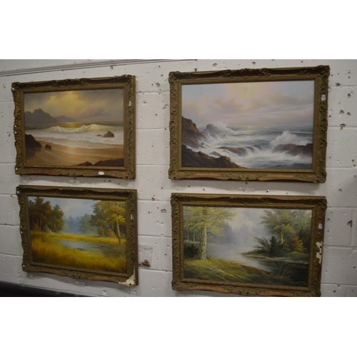 487 - Kobchai, a set of four oil on canvases depicting seascapes and wooded river landscapes.