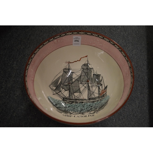 496 - A large lustre ware bowl decorated with the ship Caroline and the Ship Wrights Arms.