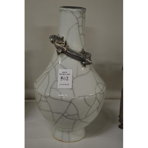 502 - A Chinese crackle glaze vase with a dragon to the neck.