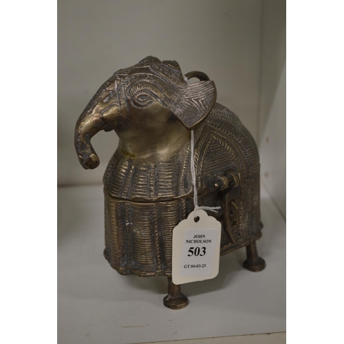 503 - A cast metal elephant form box and cover.