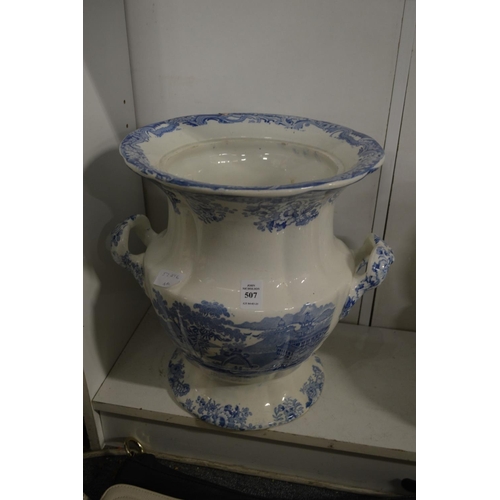 507 - A large blue and white twin handled urn.