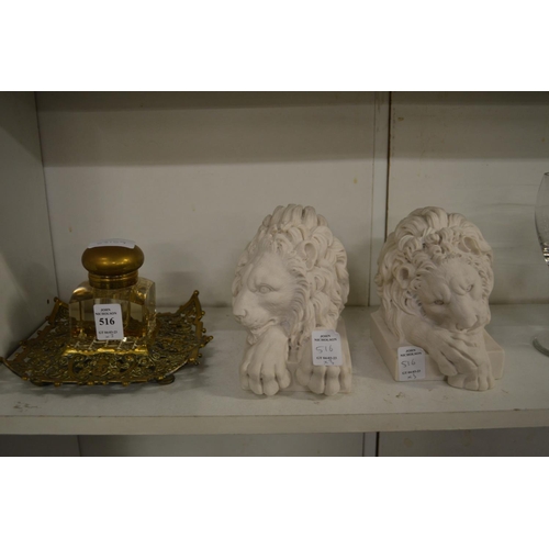 516 - A cut glass and brass inkwell and a pair of bookends.