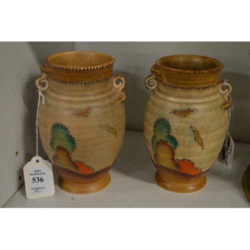 536 - A pair of Crown Devon twin handle vases.