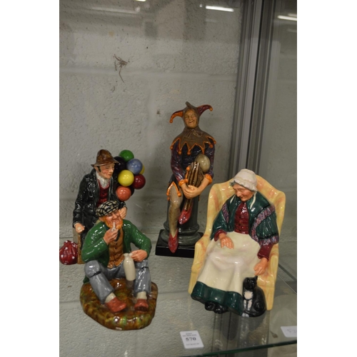 570 - A Royal Doulton figure The Jester HN2016 together with the Balloon Man HN1954, The Wayfarer HN2362 a... 