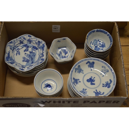 587 - A collection of Chinese blue and white tea bowls and saucers.