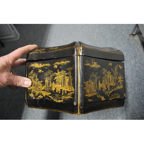 589 - A chinoiserie decorated black lacquer hexagonal shaped box and cover.