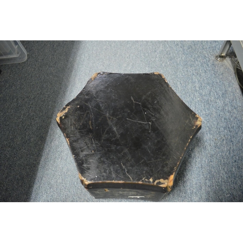 589 - A chinoiserie decorated black lacquer hexagonal shaped box and cover.