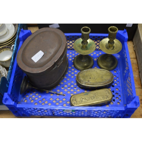 666 - Two brass tobacco boxes, pair of candlesticks and other items.