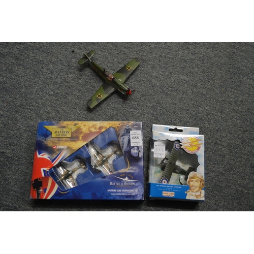 688 - Corgi, Spitfire and Hurricane set, Pioneers of Aviation, Days Gone, Lledo, boxed, and a Dinky plane ... 