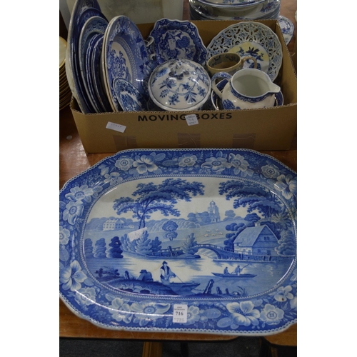 716 - A collection of blue and white china to include a large meat dish.