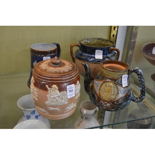 793 - A Doulton salt glazed tobacco jar and cover and three other items.