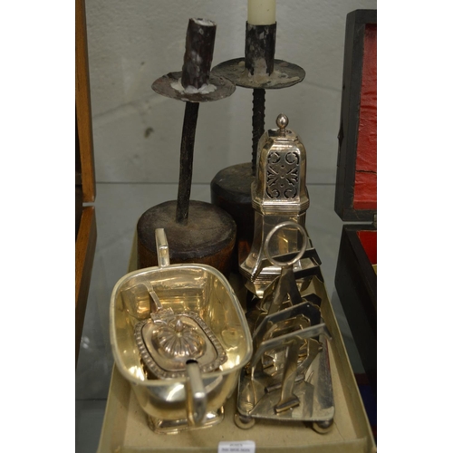 843A - A silver mustard pot, plated items and a pair of candlesticks.