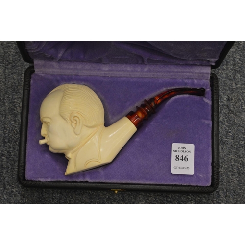 846 - A cased meerschaum pipe in the form of Winston Churchill.