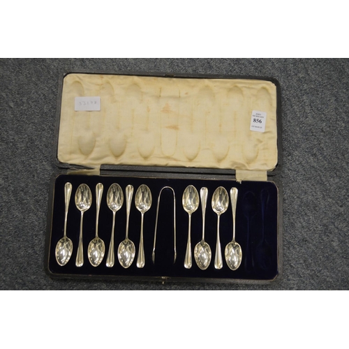 856 - A part cased set of silver coffee spoons with sugar tongs.