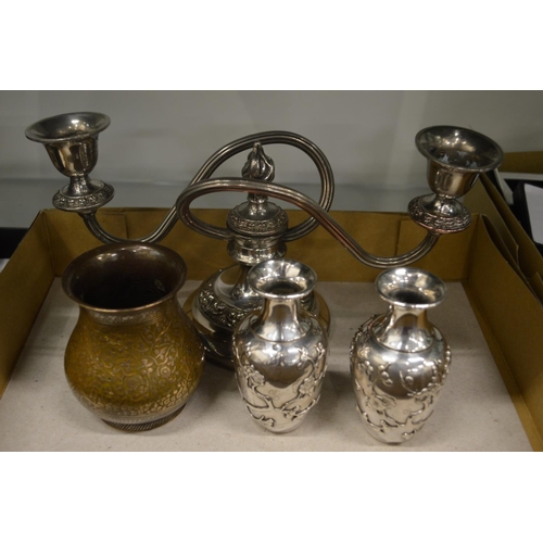 863 - A pair of small Chinese silver vases a plated candelabra and Eastern brass vase.