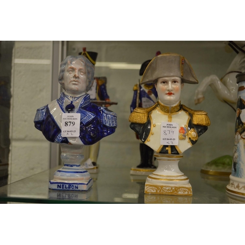 879 - Two small porcelain busts depicting Nelson and Napoleon.