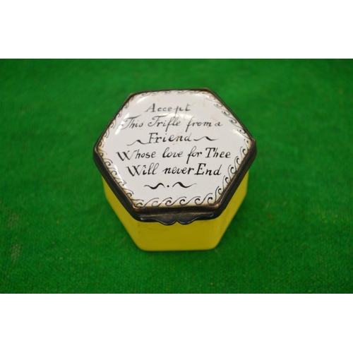 917 - A 19th century enamel hexagonal shaped pill box 'Accept this trifle from a friend....'