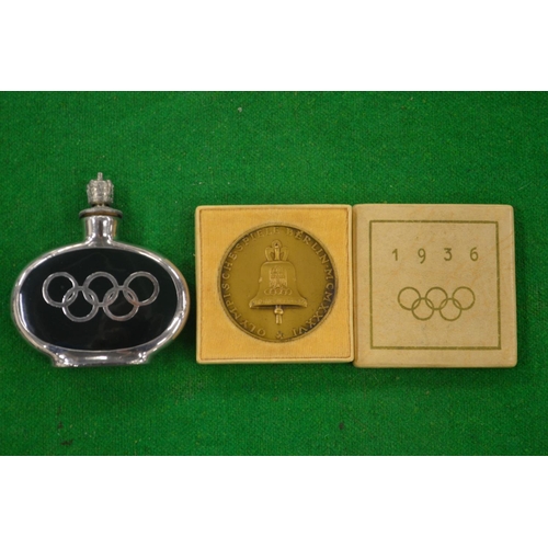 964 - A 1936 Olympic commemorative medallion together with an Olympic miniature perfume flask.