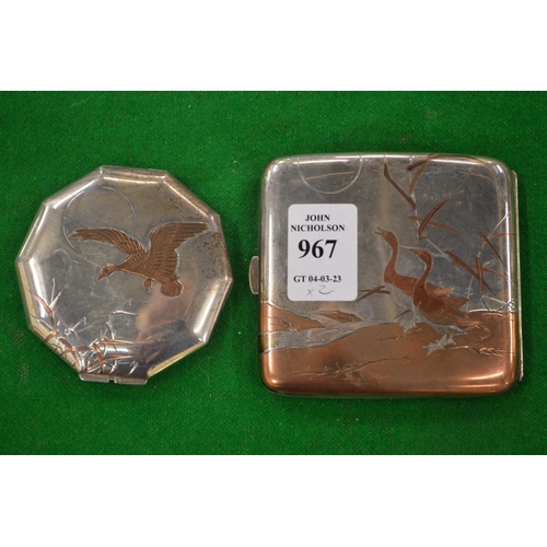 967 - A Japanese silver and mixed metal cigarette case engraved with geese together with a similar compact... 