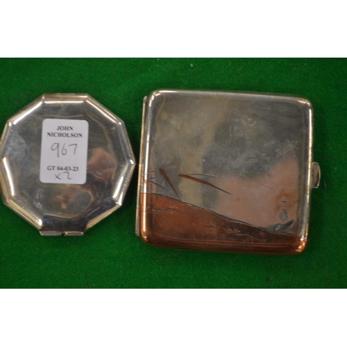 967 - A Japanese silver and mixed metal cigarette case engraved with geese together with a similar compact... 