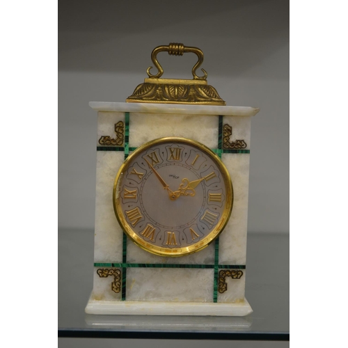 987 - A good Swiss alabaster and malachite small mantel clock.