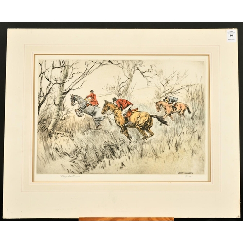 10 - Henry Wilkinson (1921-2011) British, figures on horseback hunting, etching in colours, signed in pen... 