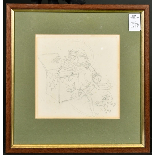 102 - Circle of Cicely Mary Barker, three children's illustrations, pencil, one with pencil and ink, all a... 