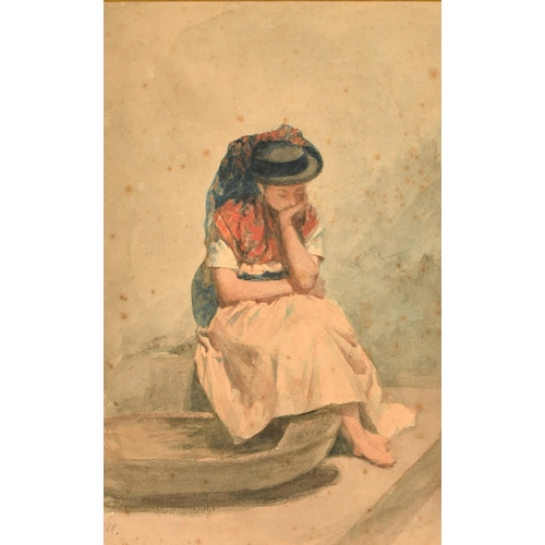 107 - 19th Century, a study of a contemplative female figure in Continental dress, watercolour, signed wit... 