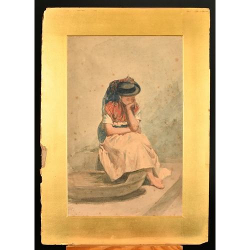 107 - 19th Century, a study of a contemplative female figure in Continental dress, watercolour, signed wit... 