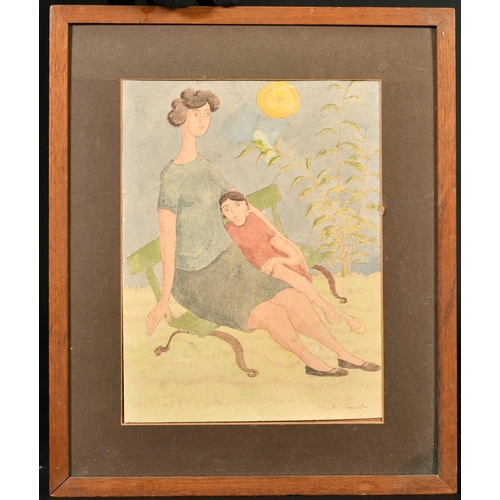 108 - 20th Century, a study of a mother and child seated on a bench, watercolour, indistinctly signed, 9.2... 