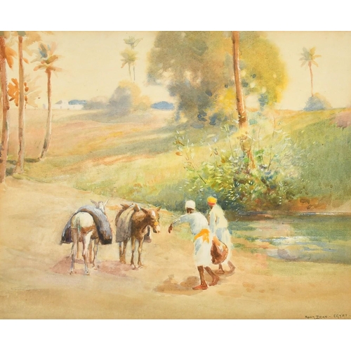 115 - Frank Dean (1865-1947) British, figures and donkeys by water with dwellings beyond, watercolour, sig... 