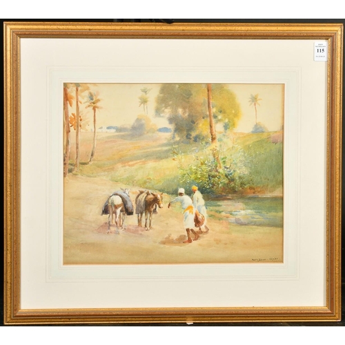 115 - Frank Dean (1865-1947) British, figures and donkeys by water with dwellings beyond, watercolour, sig... 