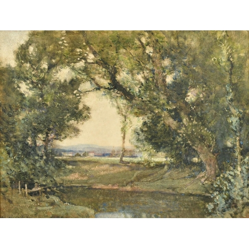 118 - Samuel John Lamorna Birch, a woodland pool with a distant town beyond, watercolour, signed, 13