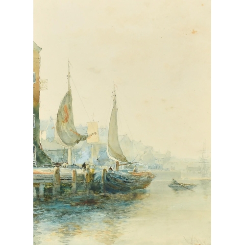 120 - Albert Pollitt (1856-1926) British, 'In Dock Sunderland', sailboats moored in a harbour, watercolour... 