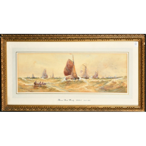 121 - Thomas Bush Hardy (1842-1897) British, 'Off Scheveningen', leeboard barges under sail, watercolour, ... 