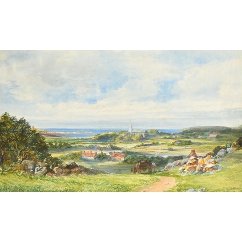 122 - Attributed to John Faulkner, a figure and a horse and cart on a country track with a coastal view be... 