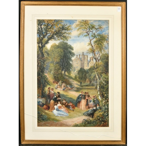 125 - David Cox Junior (1809-1885) British, elegant figures gathered in the grounds of a country house, wa... 