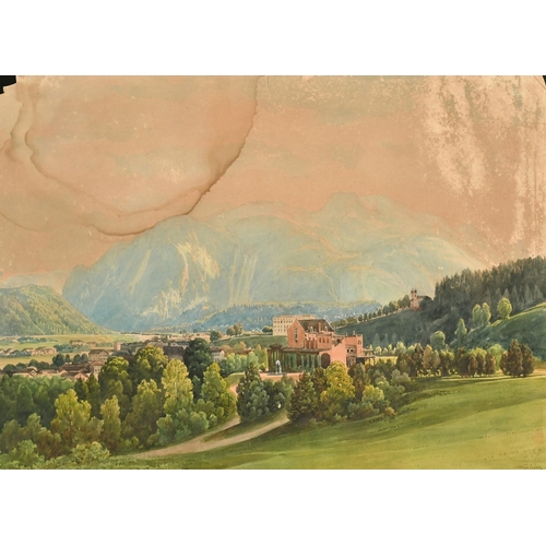 131 - Thomas Ender (1793-1875), a view of a town in a Continental valley, watercolour, signed, 11