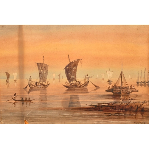 138 - Frederick John White (19th Century), a scene of Oriental boats and figures, watercolour, signed, 9