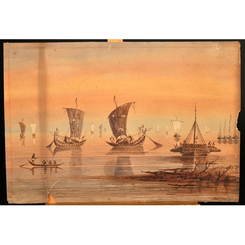 138 - Frederick John White (19th Century), a scene of Oriental boats and figures, watercolour, signed, 9