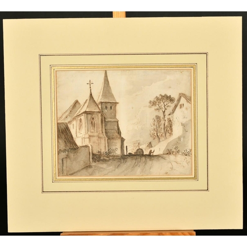 140 - Attributed to Willem Schellinks (1627-1678), village scene with a figure by a church, ink and wash, ... 