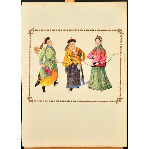 141 - Late 19th Century Chinese School, study of three archers in traditional regional dress, watercolour,... 