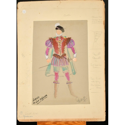 142 - E. Mayo, a collection of six costume designs for Titus Andronicus, watercolour and pencil, each sign... 