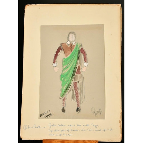 142 - E. Mayo, a collection of six costume designs for Titus Andronicus, watercolour and pencil, each sign... 