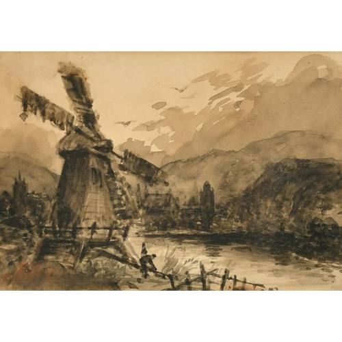 144 - Attributed to David Cox (1783-1859), figures in a river valley by a windmill, watercolour, signed, 4... 