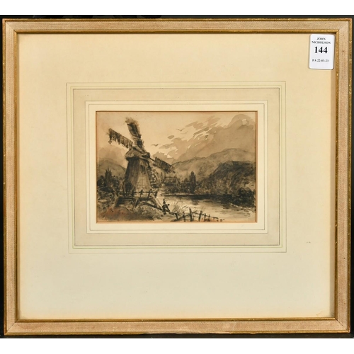 144 - Attributed to David Cox (1783-1859), figures in a river valley by a windmill, watercolour, signed, 4... 