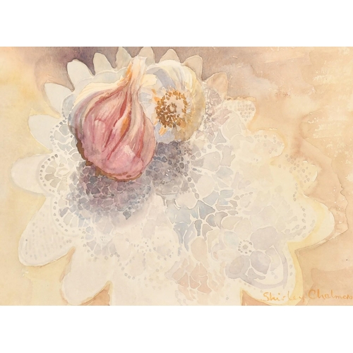 148 - Shirley Chalmers (20th Century), a pair of watercolour studies of flowers and garlic, signed, each 7... 