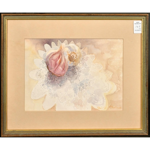 148 - Shirley Chalmers (20th Century), a pair of watercolour studies of flowers and garlic, signed, each 7... 