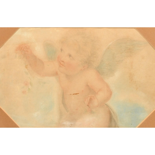 153 - 19th Century, a pastel study of a cherub scattering flowers, in an octagonal mount, 8.5